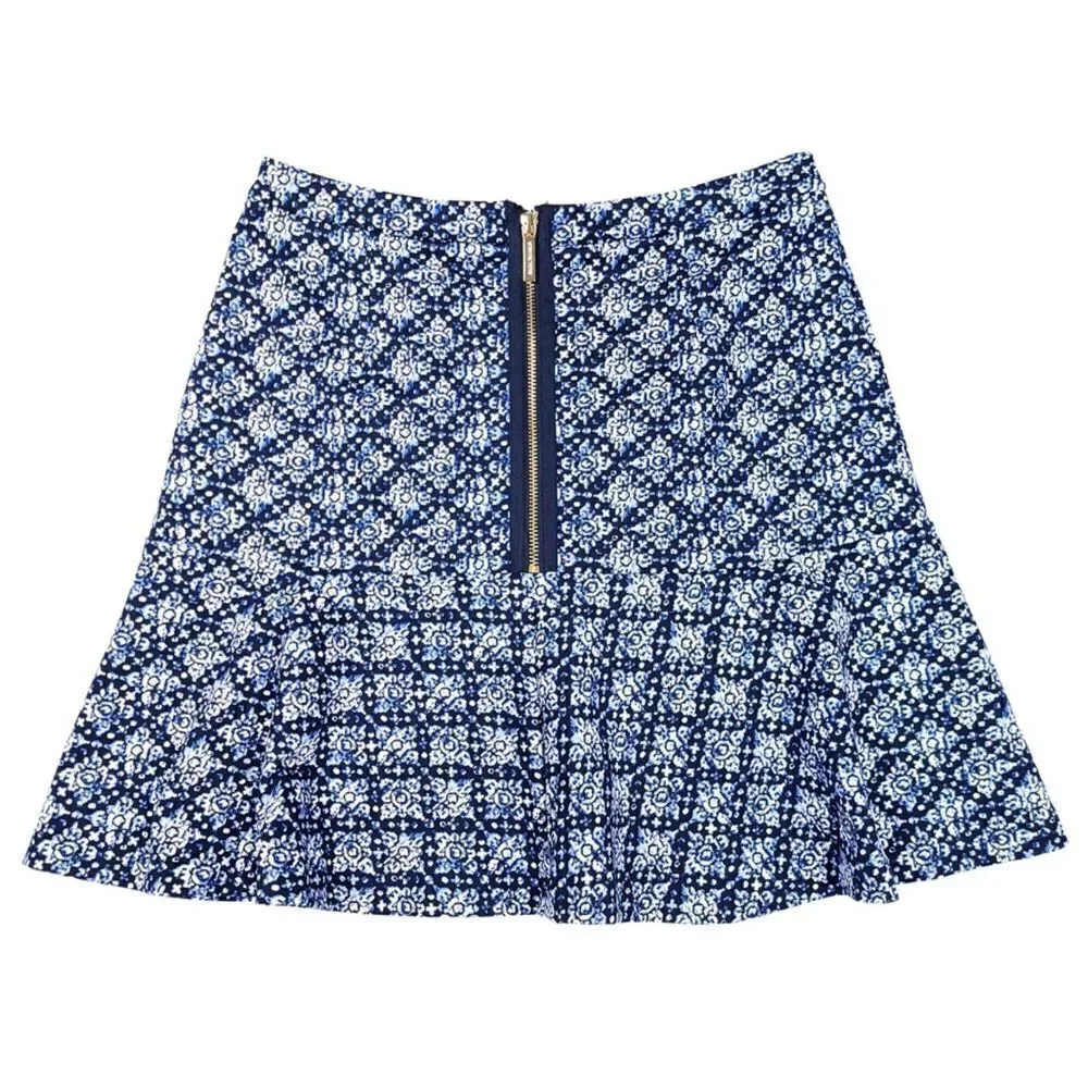 MICHAEL KORS Fluted High Rise Exposed Zip Mini Skirt Navy Blue Floral Womens 4